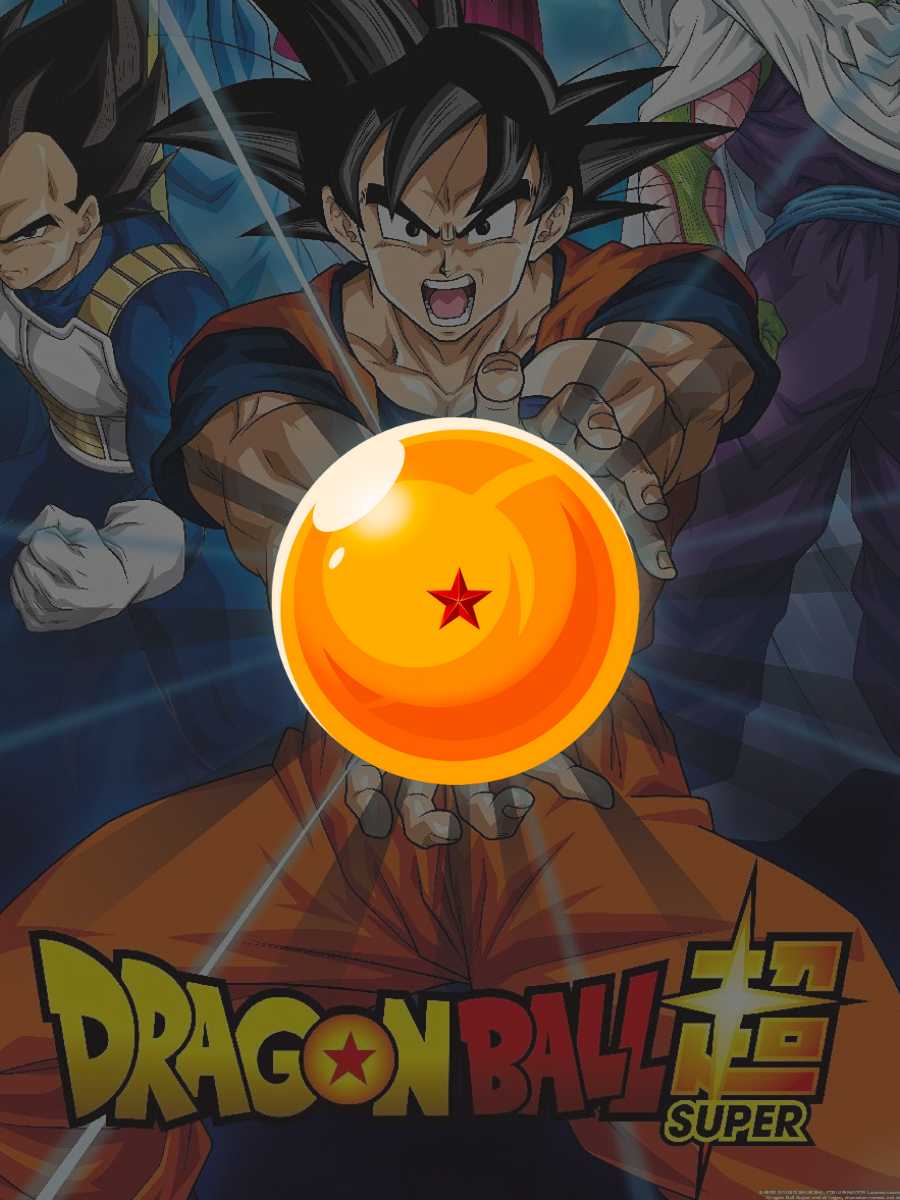 Dragon Ball Super poster featuring Goku holding a Dragon Ball with Vegeta and other characters in the background — collectible anime figures available.