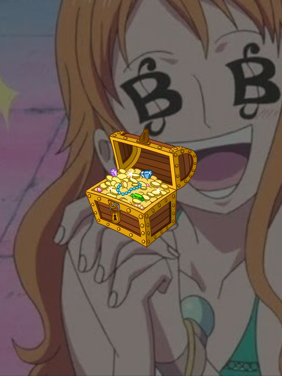 One Piece character Nami smiling with sparkling eyes and B-symbols, excited over a treasure chest — representing ultra-rare anime figure collection.