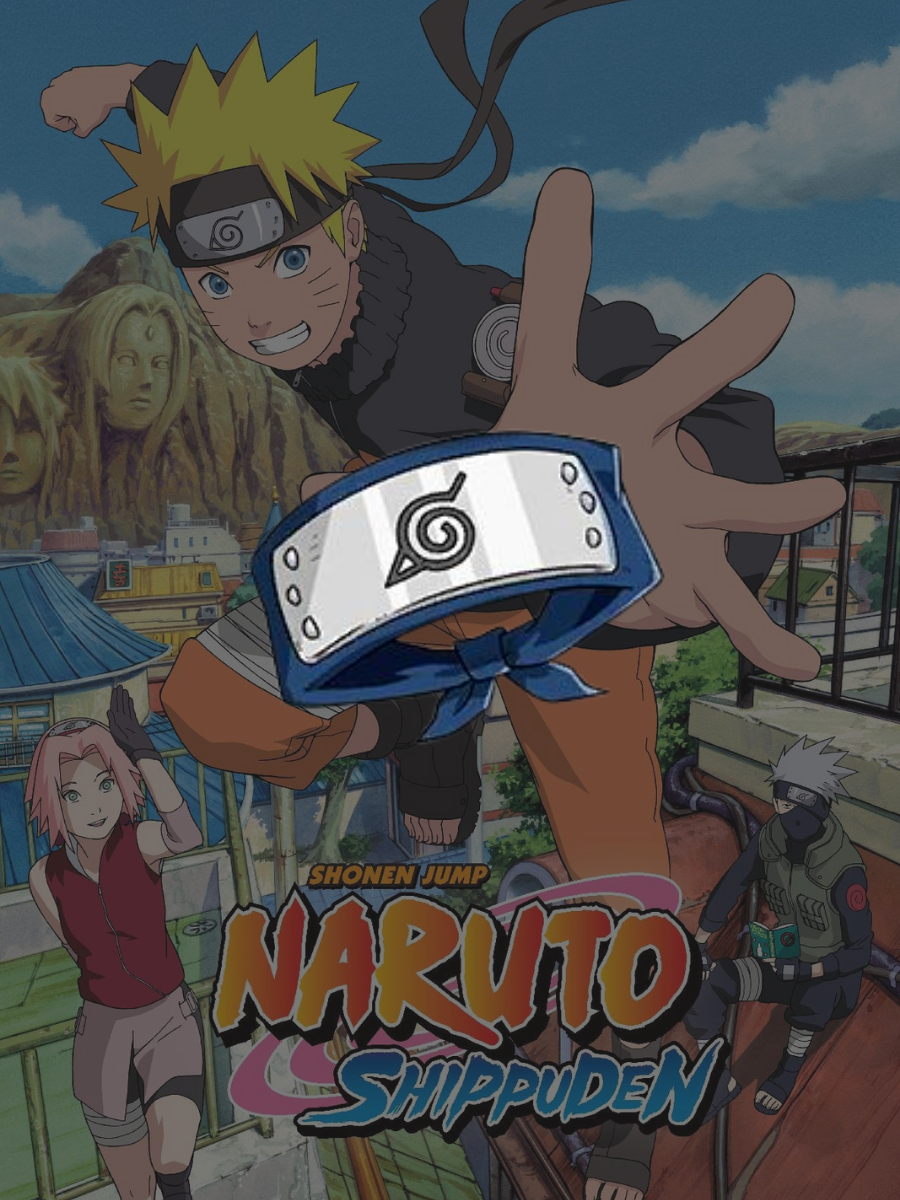 Naruto Shippuden poster featuring Naruto Uzumaki reaching forward with his Konoha headband, alongside Sakura, Kakashi, and the Hidden Leaf Village.