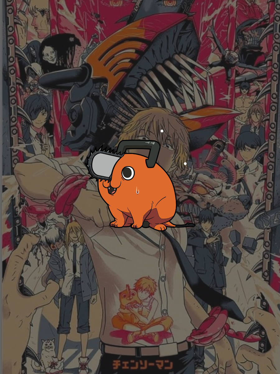 Chainsaw Man anime poster featuring Denji, Power, Aki, and other key characters with a comical Pochita sticker overlay — collectible figures available.